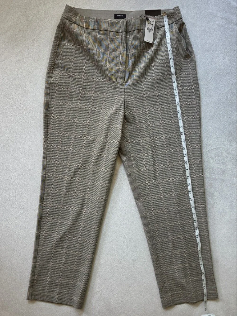 Express Women's Plaid Dress Pants in Taupe with Subtle Pink Windowpane - Picture 2 of 6